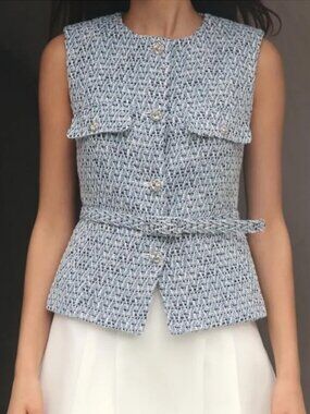 ZARA Blue White Tweed Belted Vest Top Size S